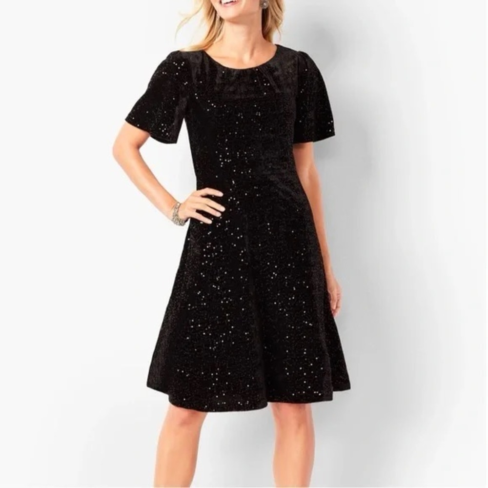 RSVP by Talbots Fit & Flare Dress. Black Velvet w/Sequins. Size 10P. NWT LBD